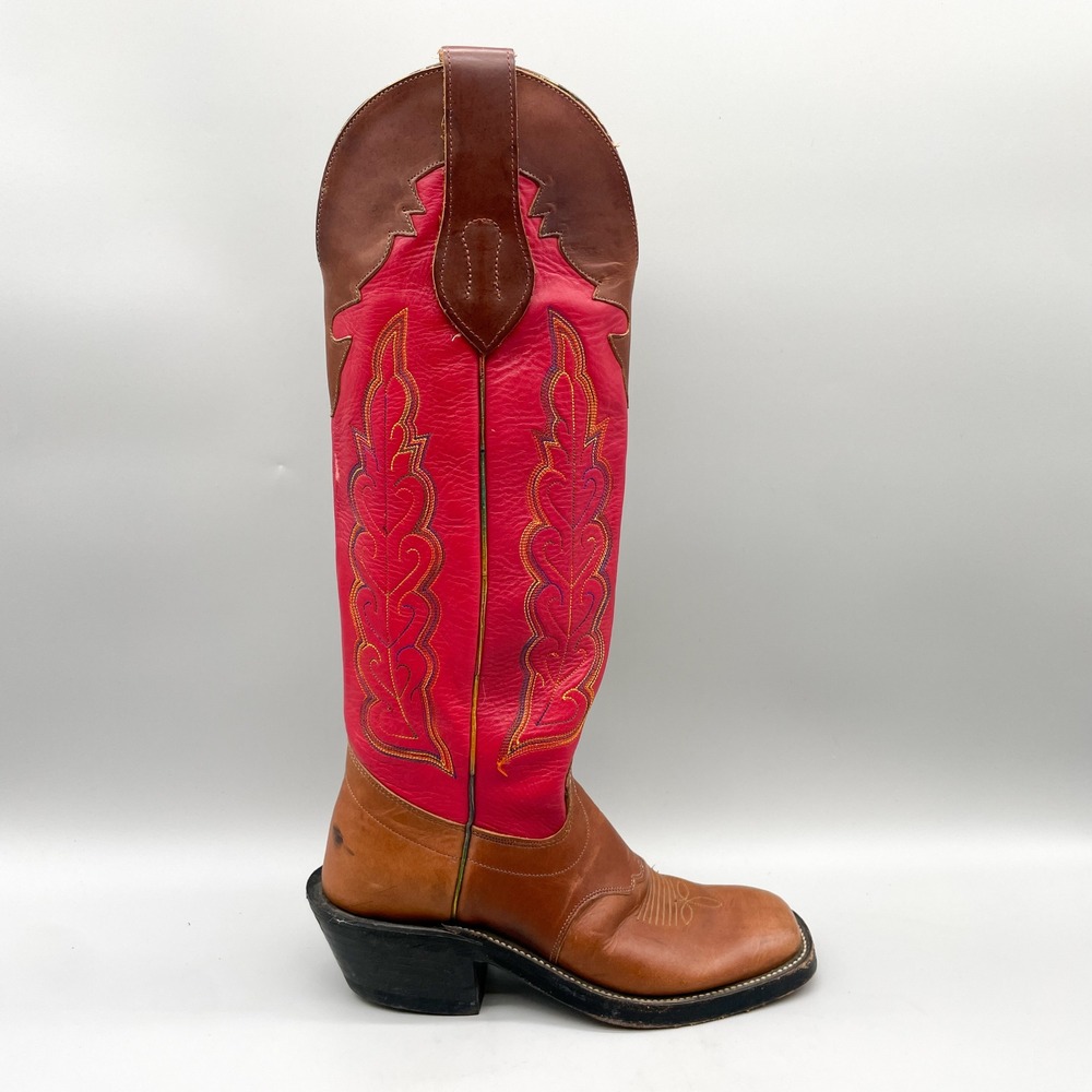 Olathe Womens 6.5B Tall Buckaroo Cowboy Western Boots Red Brown Leather VTG USA